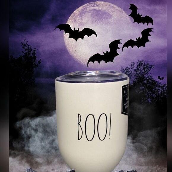 New Rae Dunn BOO Cream Colored Metal Insulated Wine Tumbler - Picture 1 of 5